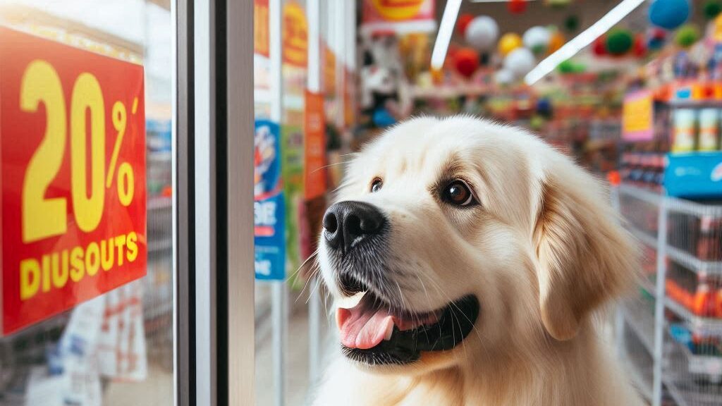 imagen de un perro entrando a una tienda de ofertas para mascotas