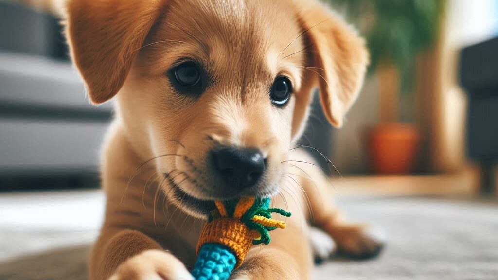 imagen de un cachorro jugando en la sala de la casa con sus juguetes para cachorros