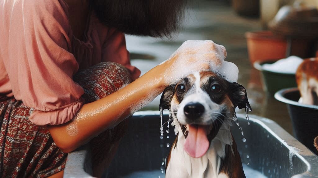 imagen de una mujer bañando a su perro con shampoo para perros