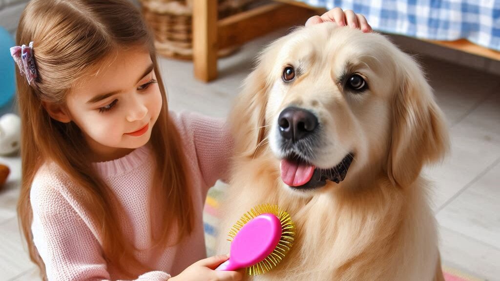 imagen de una niña cepillando a su perro con un peine para perros