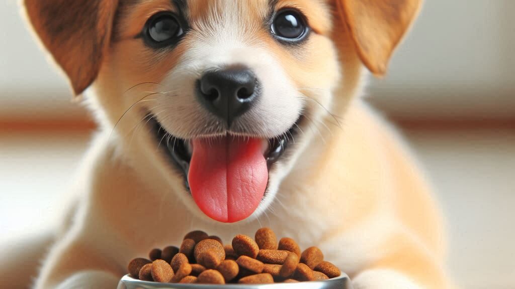 imagen de un perro con sus croquetas para cachorros