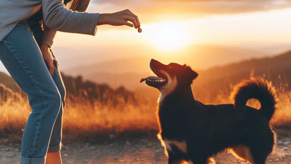 imagen de una mujer dando premios para perros a su lomito