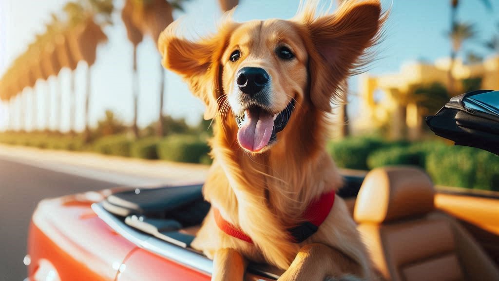 imagen de un perro en un automovil rojo, que representa viajar con perros