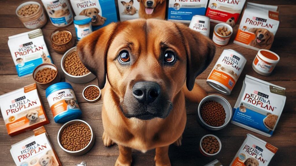 imagen de un perro rodeado de productos de la marca purina proplan