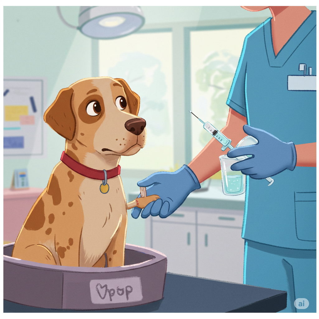 vacunas para perros, imagen animada de un perro en la veterinaria a punto de ser vacunado