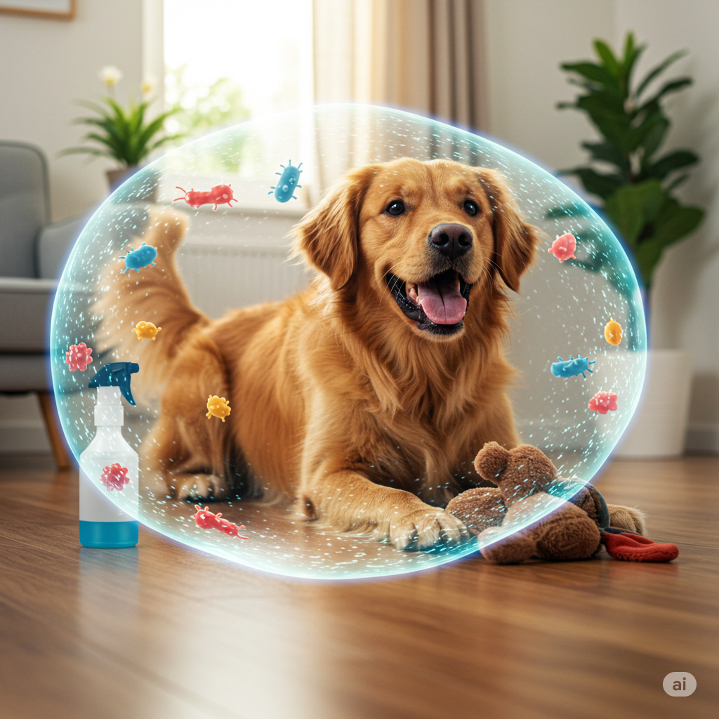 imagen de un perro protegido en una esfera contra los germenes, que representa la protección de las vacunas para perros