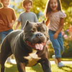 un perro american bully en el parque jugando con niños