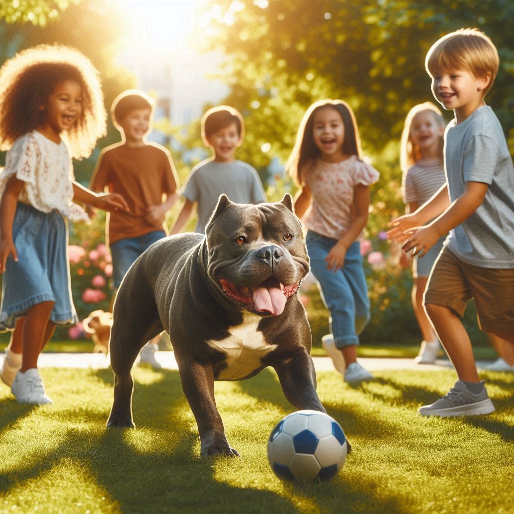 un perro american bully en el parque jugando con niños