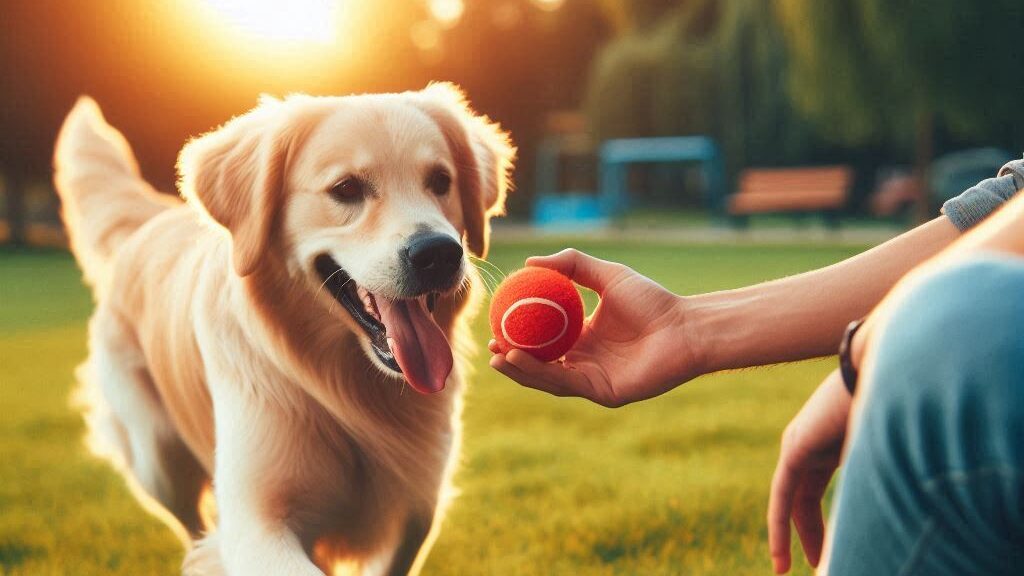 una persona jugando a la pelota con su perro, juguetes para perros