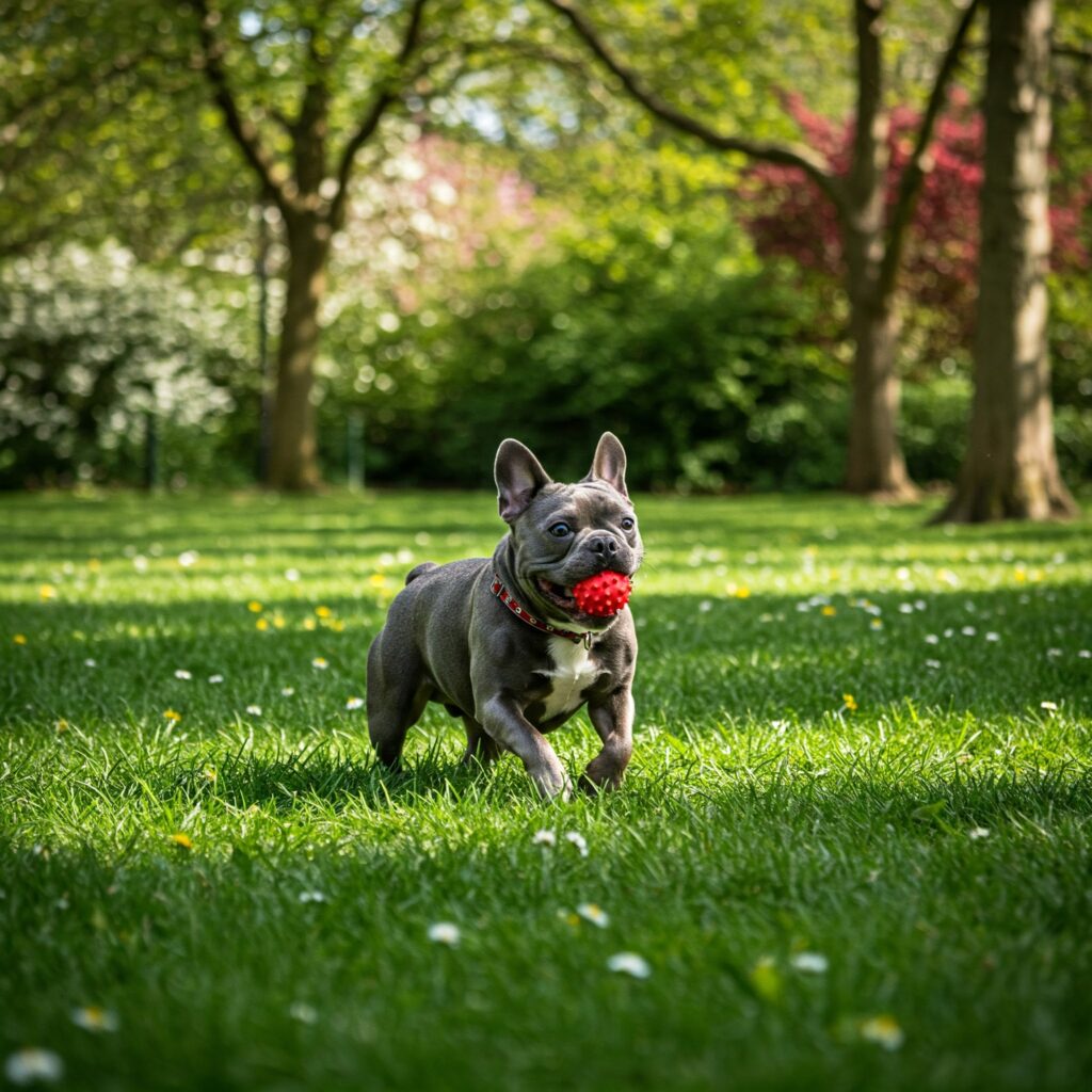 imagen de perro bulldog frances gris, en el parque