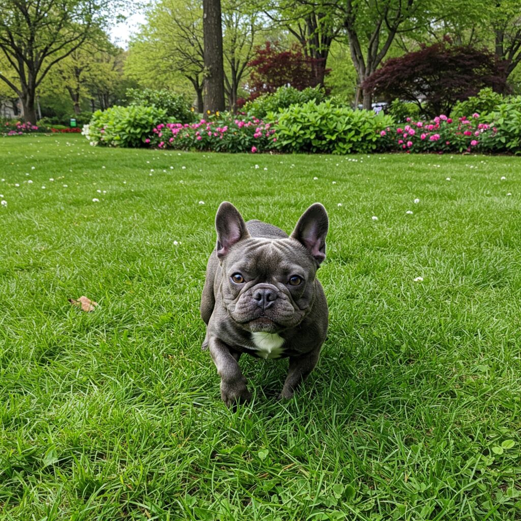 imagen de perro bulldog frances gris en el parque