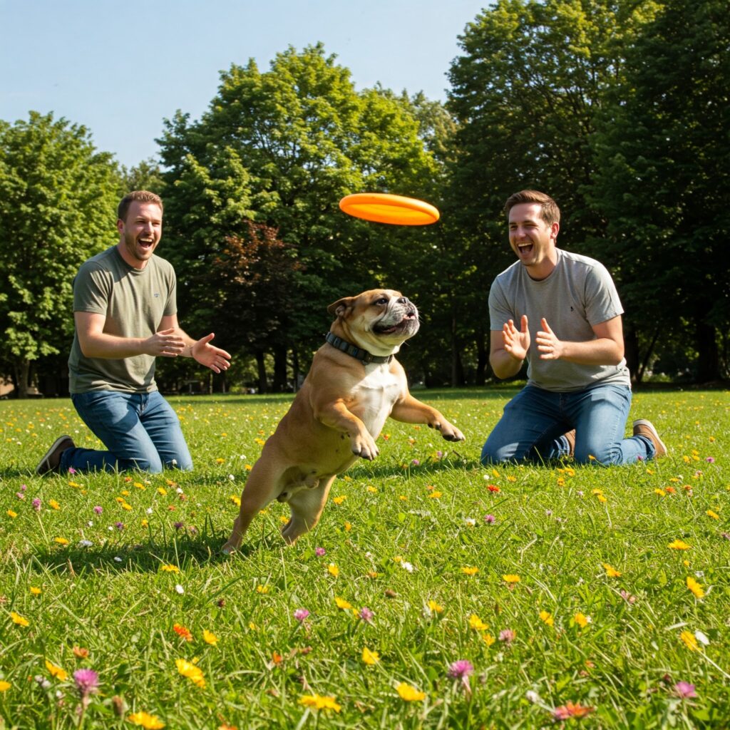 imagen de perro bulldog jugando con su dueño