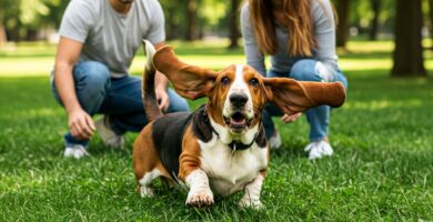 la imagen muestra a un perro basset jugando en el parque con sus dueños
