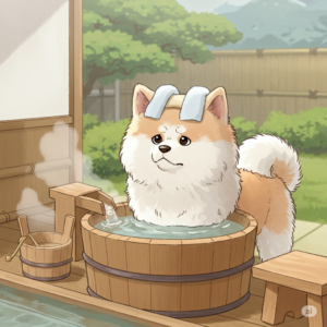 imagen animada de un perro akita a punto de tomar un baño estilo Japones