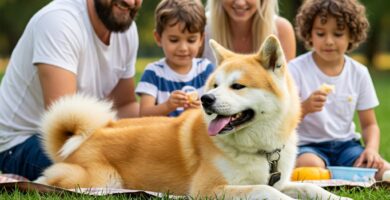 la imagen contiene a un perro de la rraza Akita, con una familia en el parque