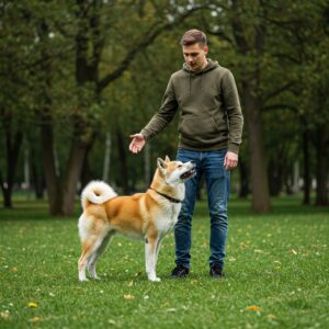 imagen de un perro akita entrenando con su dueño