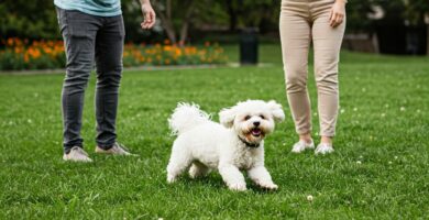 en la imagen hay un perro bichon jugando en el parque con sus dueños