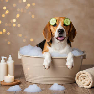 imagen de un perro Beagle tomando un baño