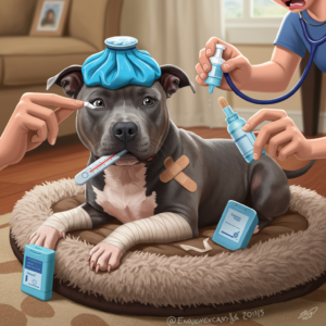 imagen comica de un perro pitbull blue siendo atendido medicamente