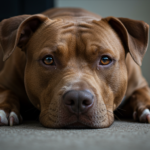 imagen de perro pitbull recostado mirando a la camara con tristeza