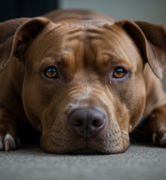 imagen de perro pitbull recostado mirando a la camara con tristeza