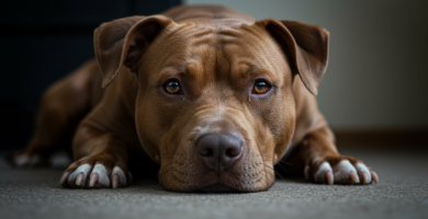 imagen de perro pitbull recostado mirando a la camara con tristeza