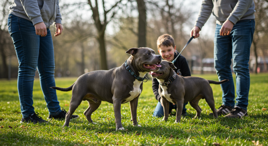 imagen de un perro pitbull blue jugando con sus dueños