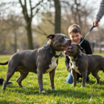 imagen de un perro pitbull blue jugando con sus dueños