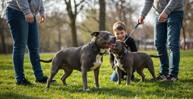 imagen de un perro pitbull blue jugando con sus dueños