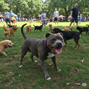 imagen de un perro pitbull blue en el parque, jugando con otros perros
