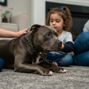 imagen de un perro pitbull blue tranquilo en casa con su familia