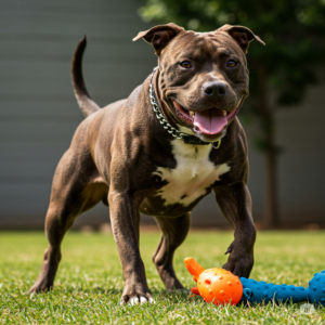 imagen de un perro pitbull terrier jugando en el jardin
