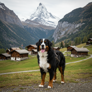 imagen de perro bernes en un pueblo de las montañas