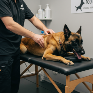 imagen de un pastor belga malinois recibiendo un masaje