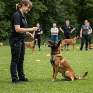 imagen de un pastor belga malinois siendo entrenado por su dueño junto con otros perros