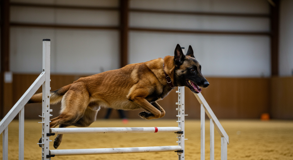 imagen de un perro pastor belga malinois en una competencia saltando una balla