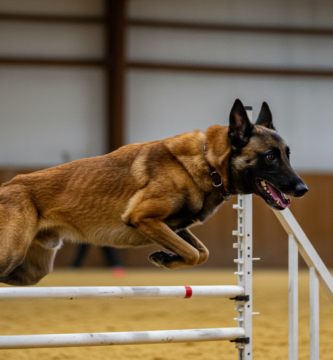 imagen de un perro pastor belga malinois en una competencia saltando una balla